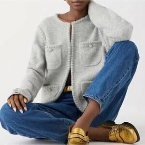 J.Crew Odette Merino Wool Blend Sweater Lady Jacket Gold Buttons Gray Medium